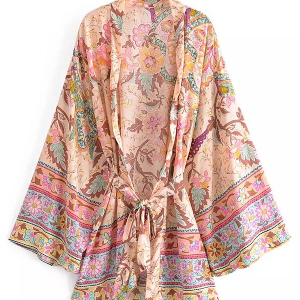Boho bikini cover up top kimono gypsy style floral wide sleeve peacock - Picture 5 of 6